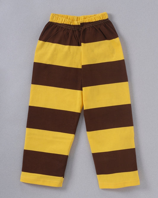 Yellow & Brown Cotton Knit Full Length Striped Printed Pajama