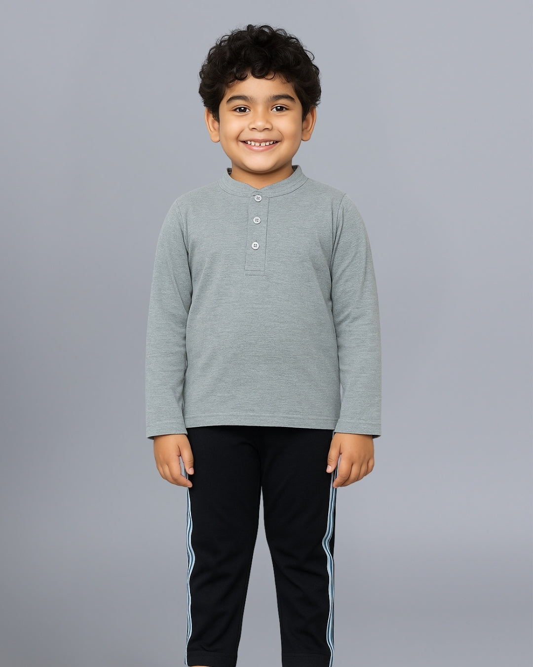 Grey & Black Henley Neck Night Dress For boys