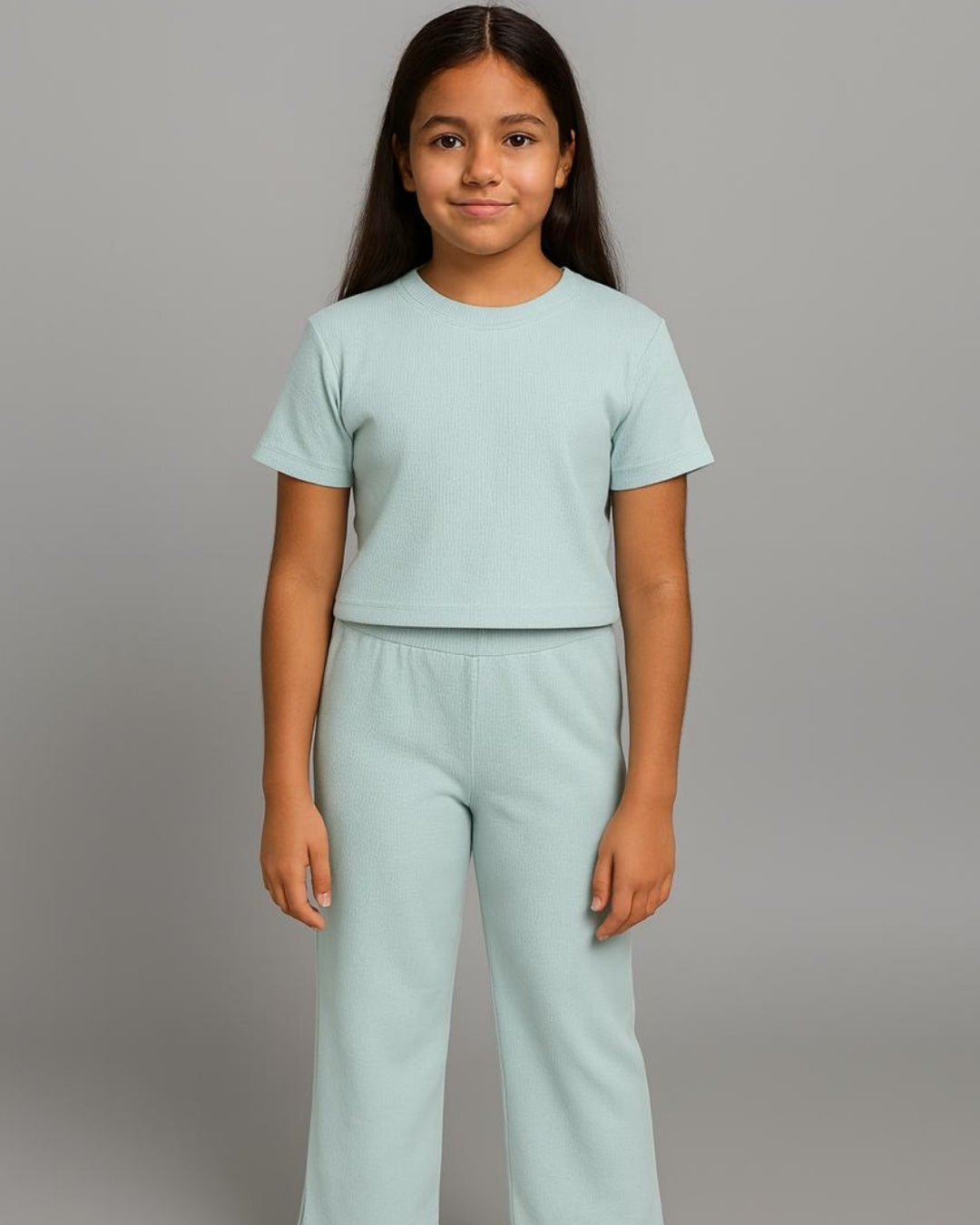 Green Premium Cotton Half Sleeves Solid Co-ord Set for Girls