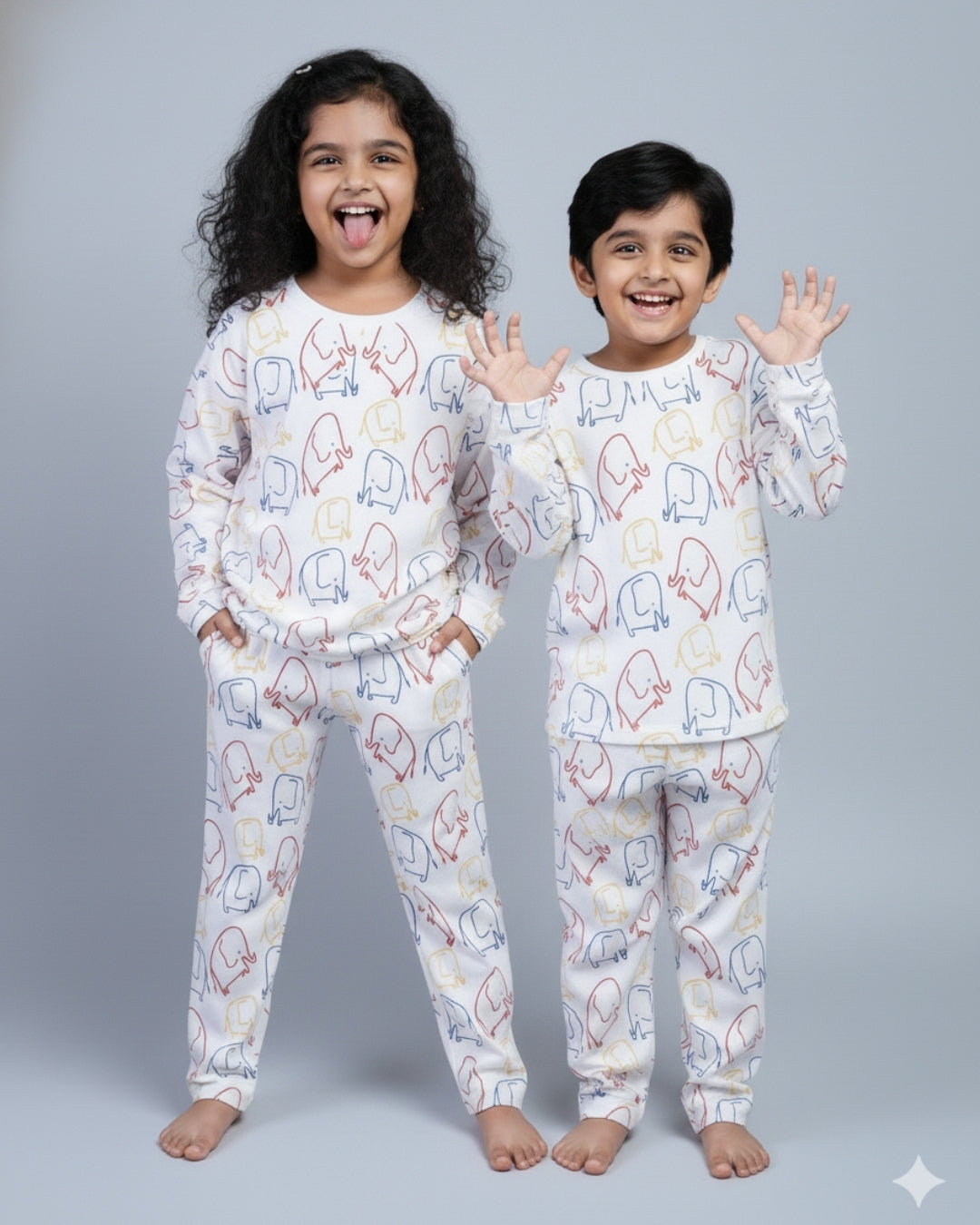 Elephant Printed Premium Cotton Full Sleeves Multicolor T-Shirt & Pyjama Set for Boys & Girls