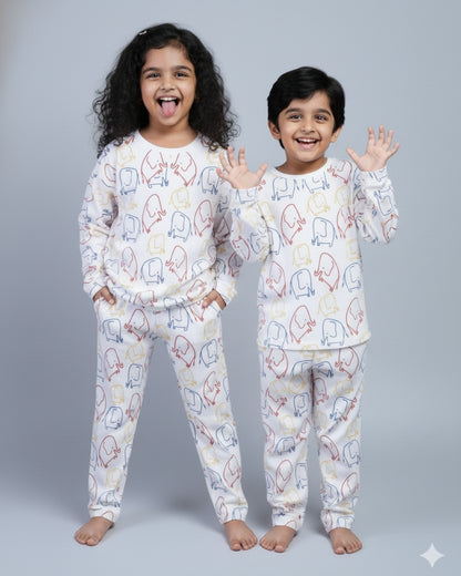 Elephant Printed Premium Cotton Full Sleeves Multicolor T-Shirt & Pyjama Set for Boys & Girls