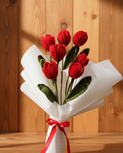 Handmade Crochet Premium Organic Thread Red Tulip Bouquet