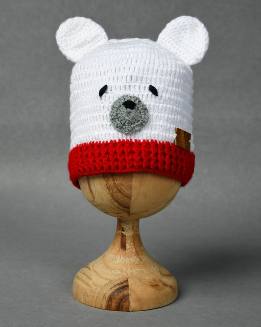 White & Red Self Design Beanie Handmade Knitted Woollen Cap for Kids