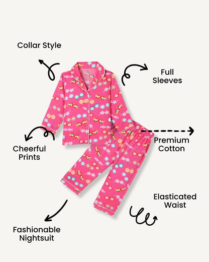 Pink Premium Cotton Full Sleeves Printed Collar Style Pyjama & T-Shirt Set for Girls
