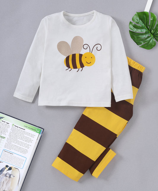 Off White & Brown Honey Bee Printed Unisex Cotton Loungewear for Kids