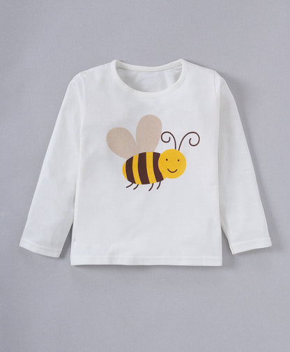 Blue & Off White Pure Cotton Knitted Full Sleeves Bear & Bee Printed Nightsuit for Kids (Unisex) - Pack of 2