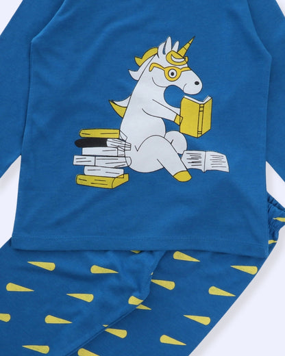 Blue Unicorn Printed Cotton Kids Night Suit