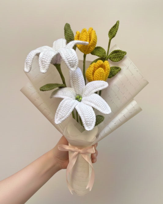 Handmade Crochet Premium Organic Thread White Lily & Yellow Tulip Bouquet