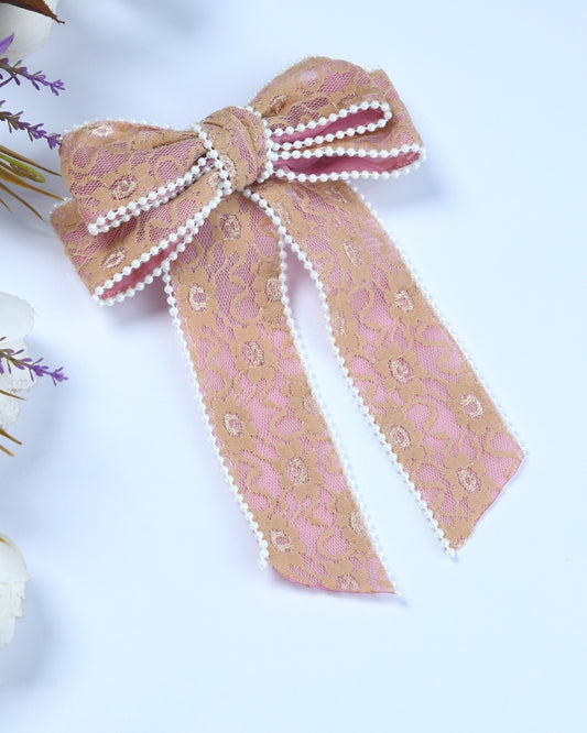 Pearl Embellished Bow Hairclip - Brown