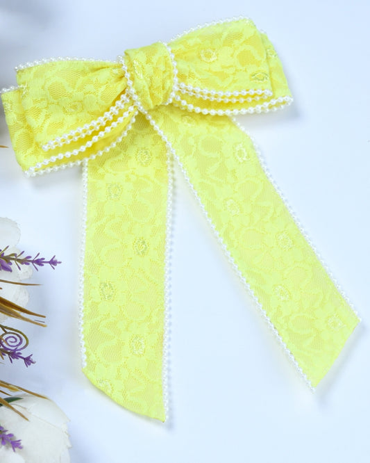 Pearl Embellished Bow Hairclip - Yellow