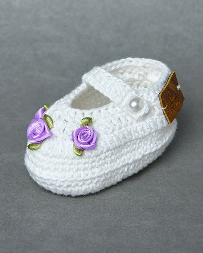 White Handmade Organic Thread Crochet Booties with Purple Floral Embellishment for Girls