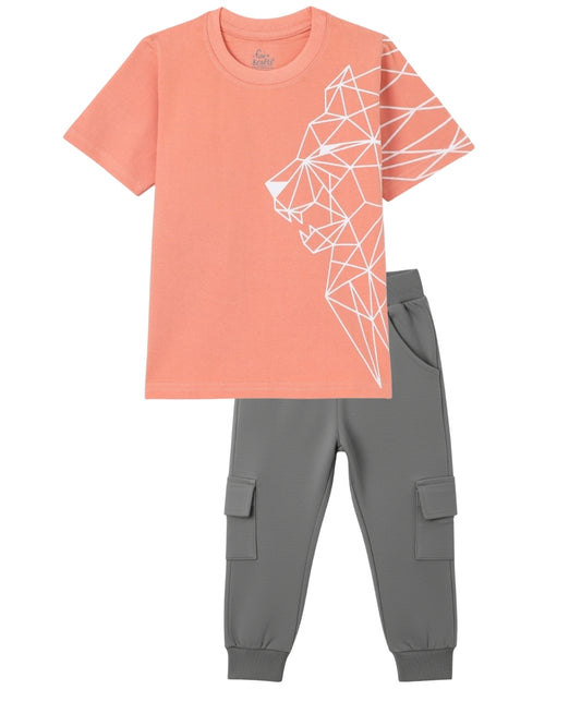 Tiger Printed Premium Cotton Half Sleeves Peach T-Shirt with Grey Jogger for Boys