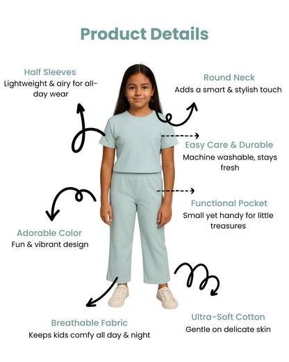 Green Premium Cotton Half Sleeves Solid Co-ord Set for Girls