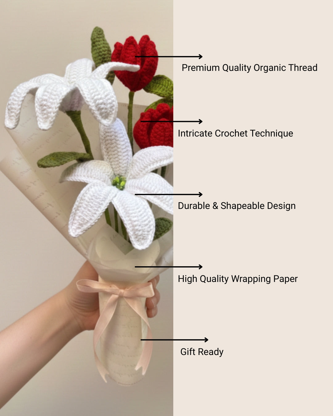 Handmade Crochet Premium Organic Thread White Lily & Red Tulip Bouquet