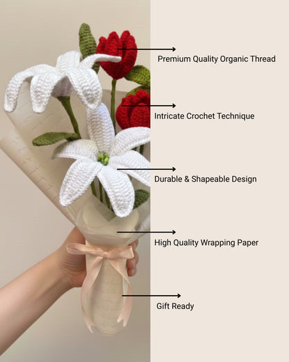 Handmade Crochet Premium Organic Thread White Lily & Red Tulip Bouquet