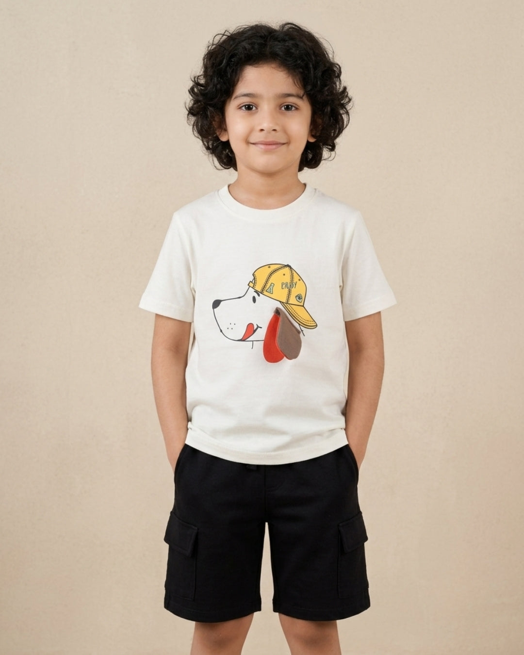 Puppy Printed Premium Cotton Half Sleeves White T-Shirt with Black Shorts for Boys