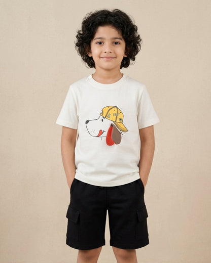 Puppy Printed Premium Cotton Half Sleeves White T-Shirt with Black Shorts for Boys
