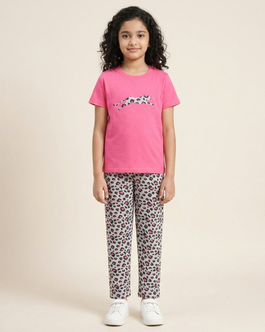Cheetah Printed Premium Cotton Half Sleeves Pink T-Shirt with Grey Pyjama for Girls