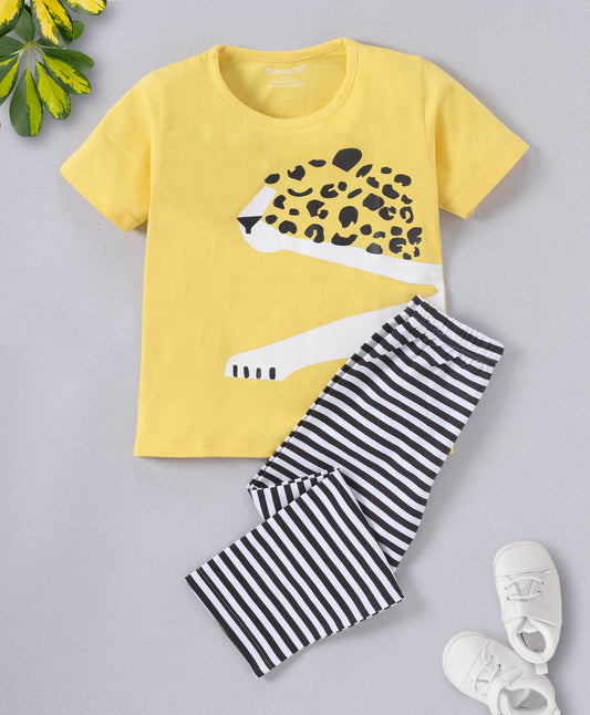 Yellow Tiger Printed Cotton Night Suit For Boys