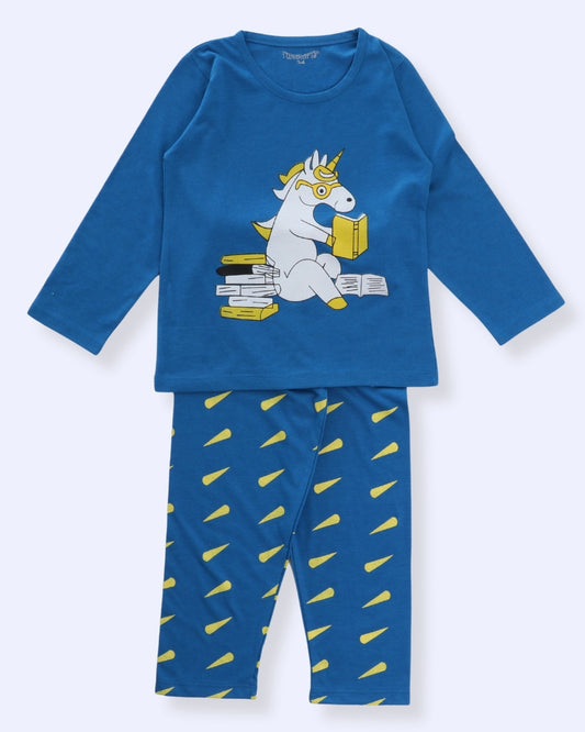 Blue Unicorn Printed Cotton Kids Night Suit