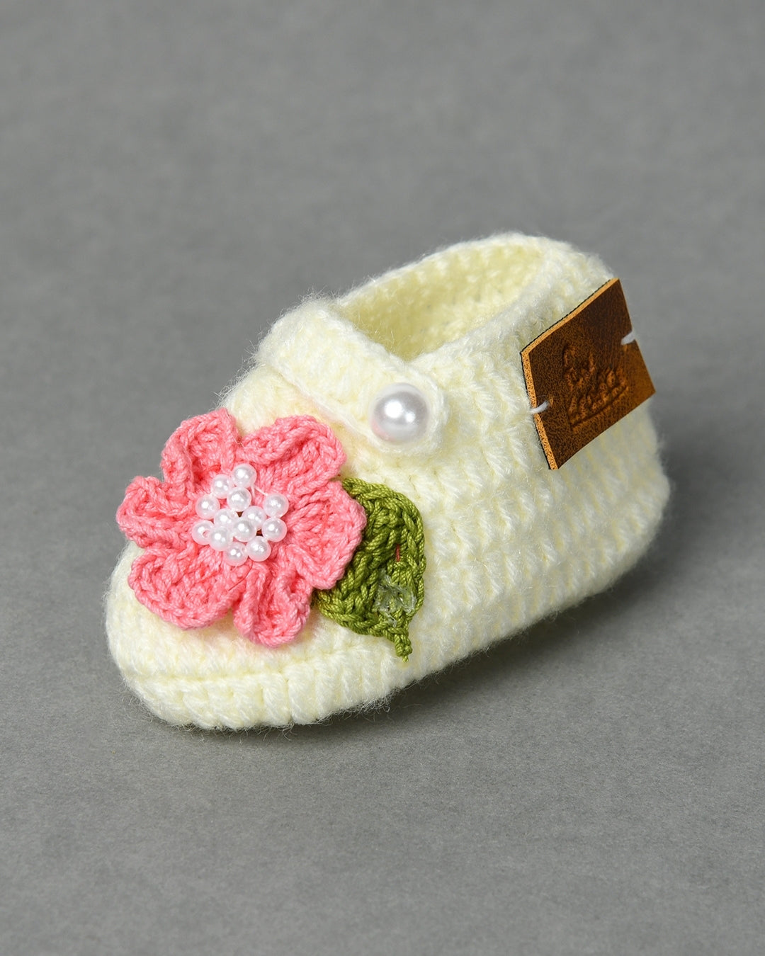Off White Handmade Floral Woollen Baby Booties