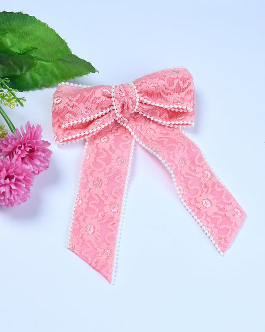 Pearl Embellished Bow Hairclip - Pink