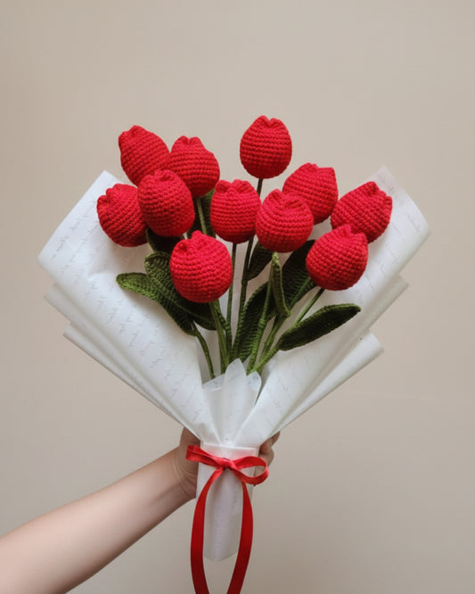 Handmade Crochet Red Tulip Jumbo Bouquet