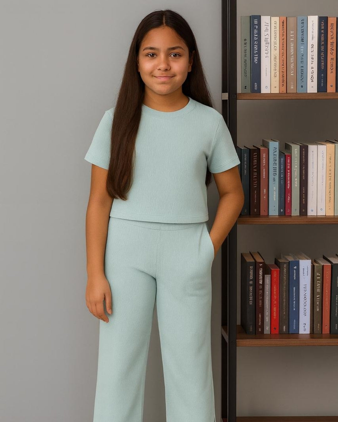 Green Premium Cotton Half Sleeves Solid Co-ord Set for Girls