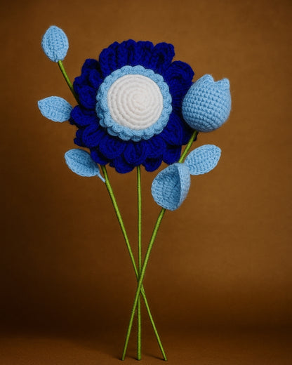 Handmade Blue Sunflower with Tulip Crochet Bouquet