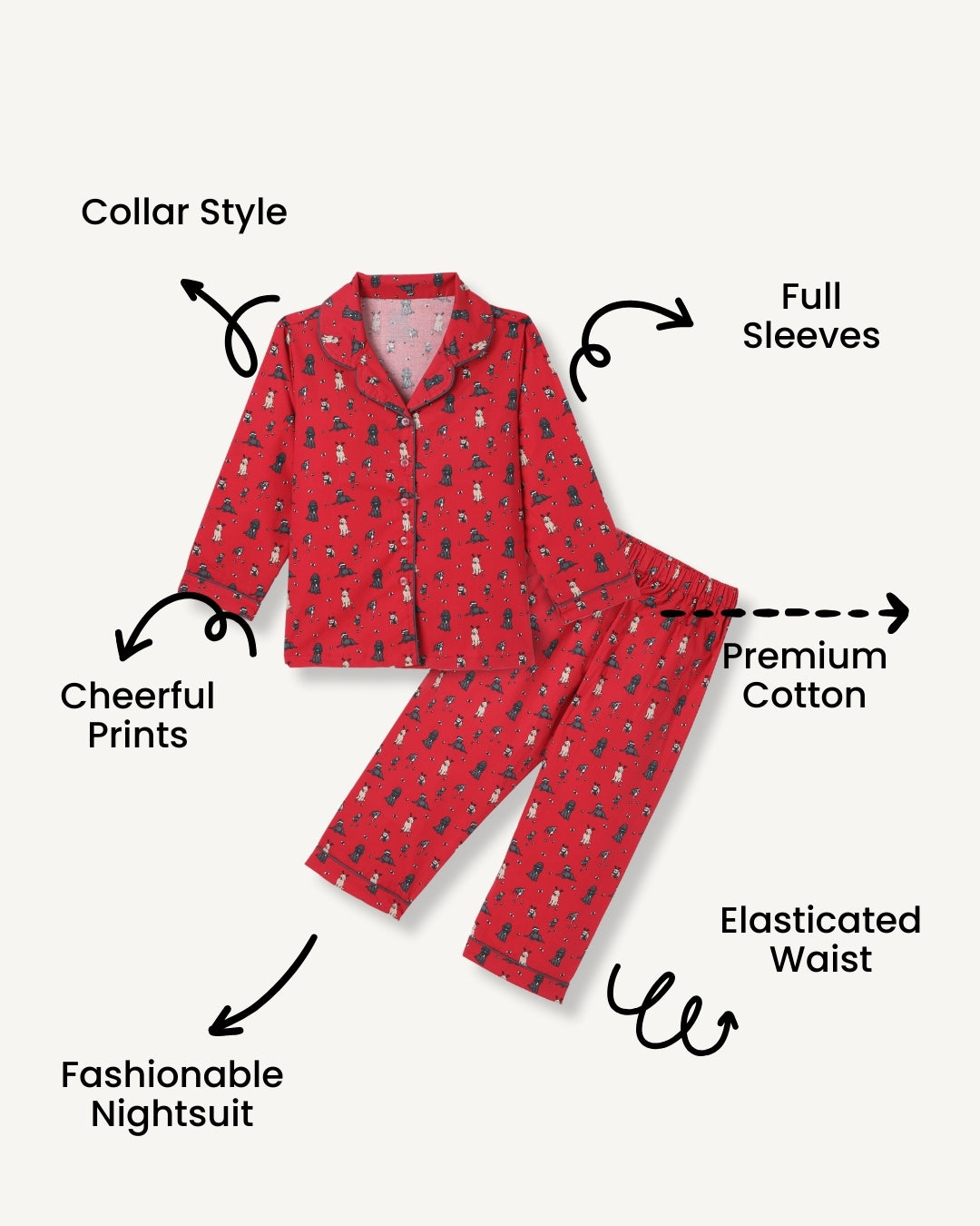 Red Premium Cotton Full Sleeves Puppy Printed Collar Style Pyjama & T-Shirt Set for Boys & Girls