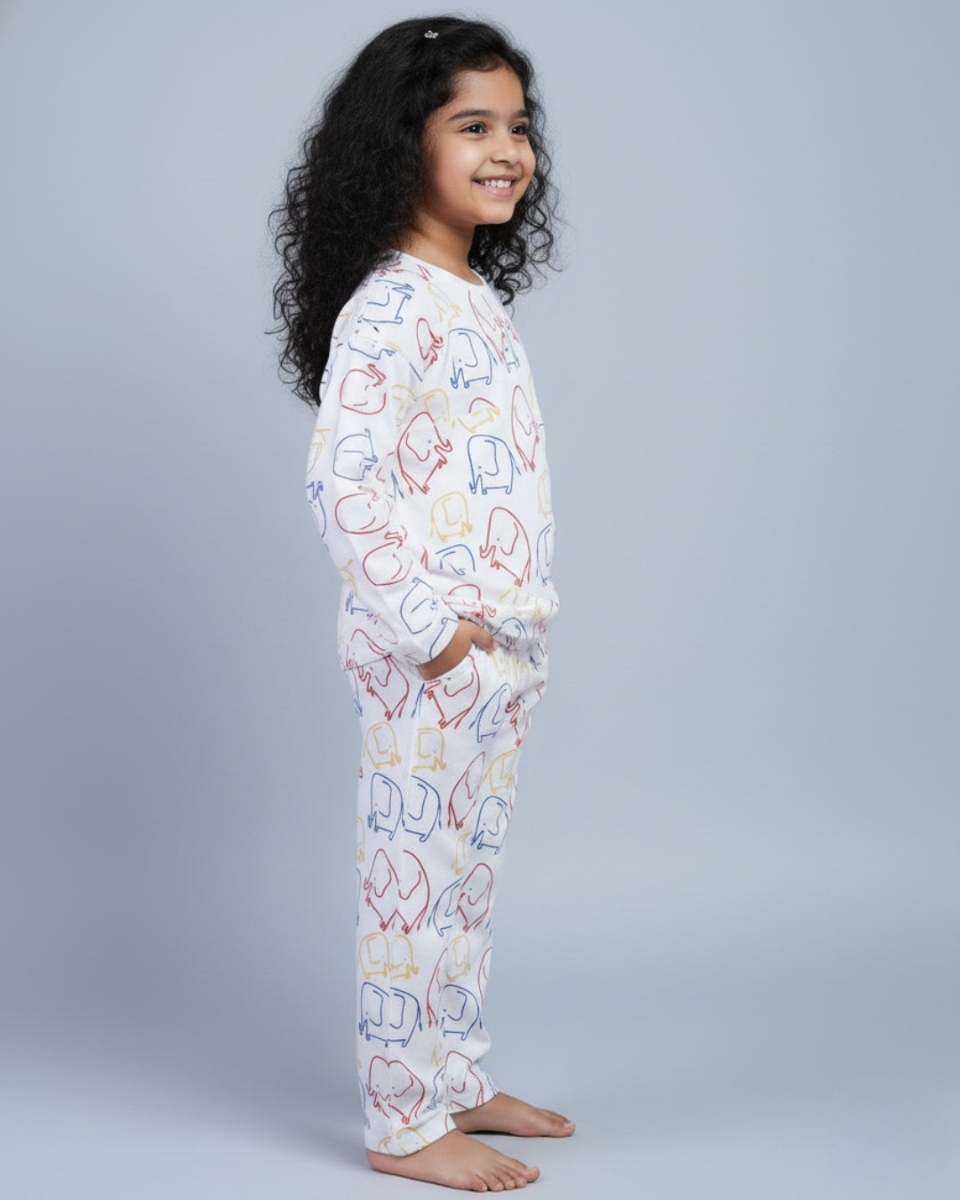 Elephant Printed Premium Cotton Full Sleeves Multicolor T-Shirt & Pyjama Set for Boys & Girls