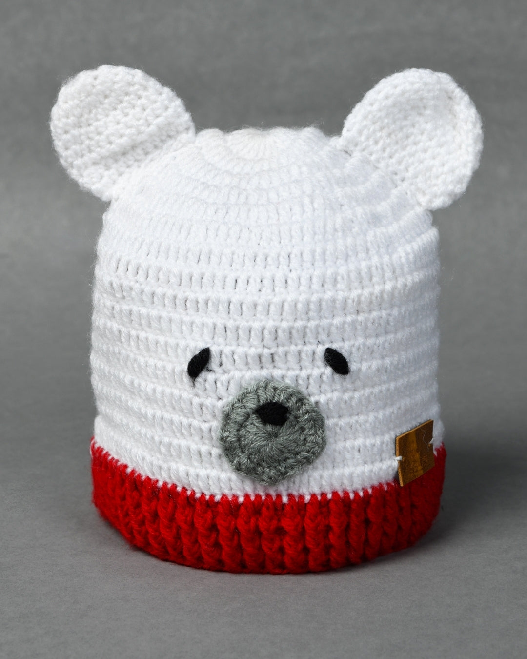 White & Red Self Design Beanie Handmade Knitted Woollen Cap for Kids