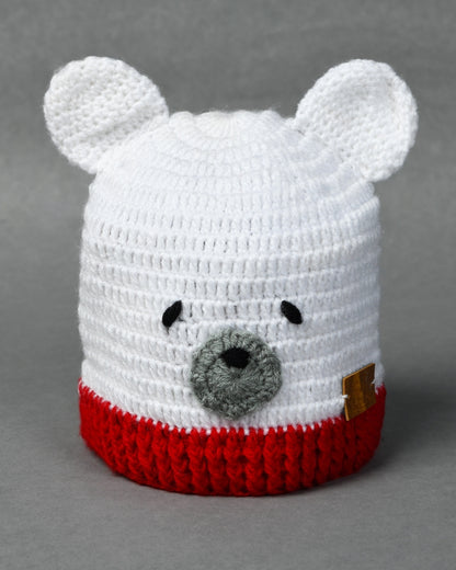 White & Red Self Design Beanie Handmade Knitted Woollen Cap for Kids