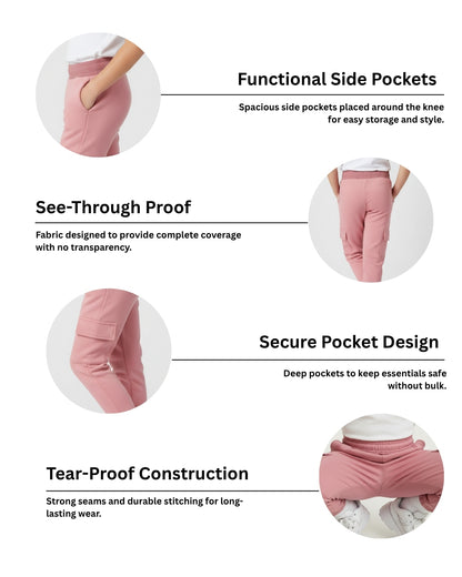 Pink Loop Knit Cotton Cargo Jogger with Pockets for Girls
