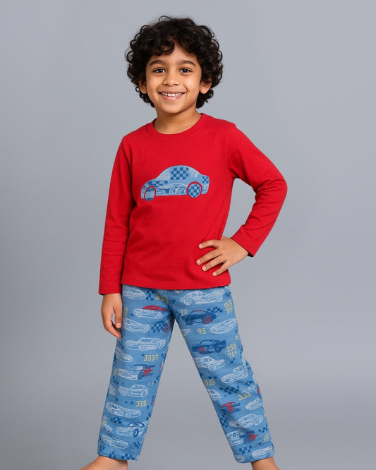 Car Printed Premium Cotton Full Sleeves Red T-Shirt with Blue Pyjama for Boys
