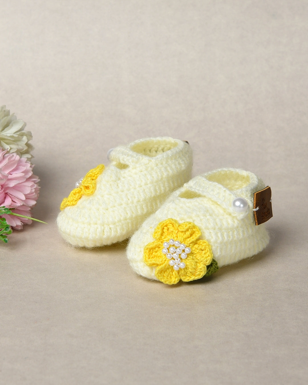 Off White Handmade Floral Woollen Baby Booties