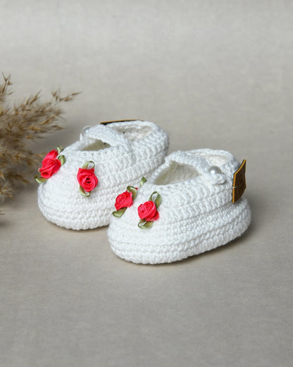 White Handmade Organic Thread Crochet Booties with Pink Floral Embellishment for Girls
