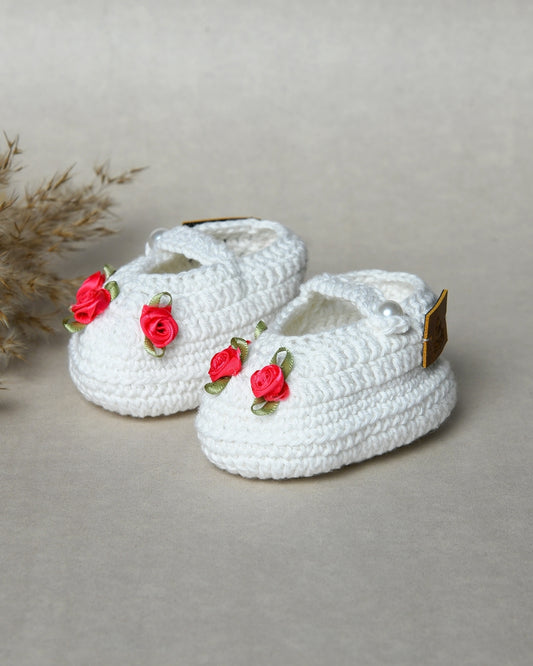 White Handmade Organic Thread Crochet Booties with Pink Floral Embellishment for Girls