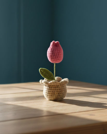 Handmade Crochet Pink Tulip in Decorative Pot