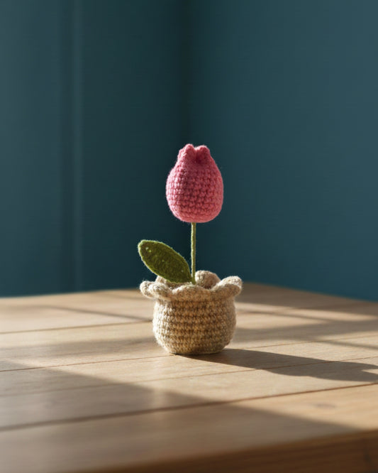 Handmade Crochet Pink Tulip in Decorative Pot