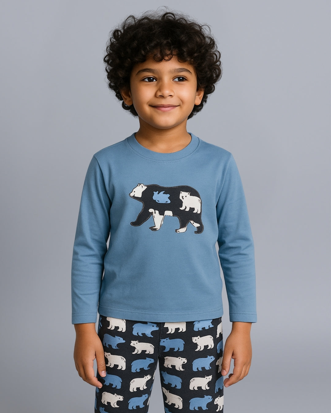 Bear Printed Premium Cotton Full Sleeves Blue T-Shirt with Grey Pyjama for Boys & Girls