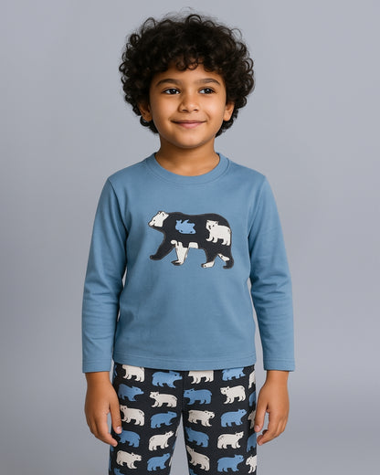 Bear Printed Premium Cotton Full Sleeves Blue T-Shirt with Grey Pyjama for Boys & Girls