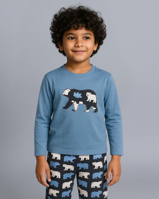 Bear Printed Premium Cotton Full Sleeves Blue T-Shirt with Grey Pyjama for Boys & Girls