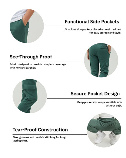 Green Loop Knit Cotton Cargo Jogger with Pockets for Boys & Girls