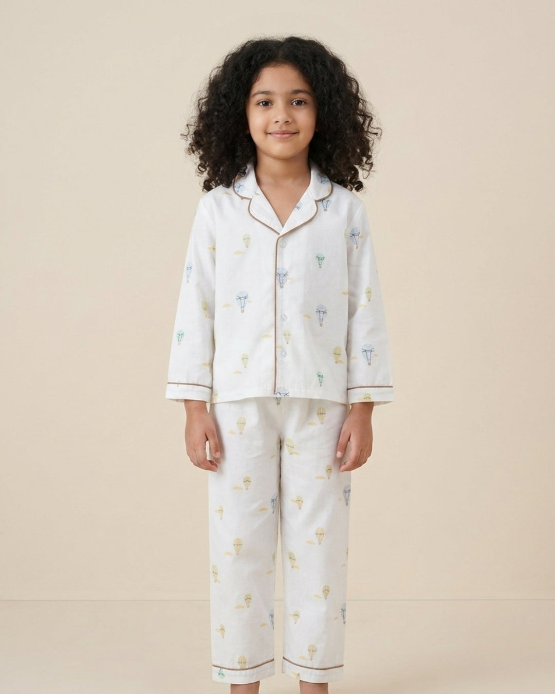 White Premium Cotton Full Sleeves Graphic Printed Collar Style Nightsuit for Boys & Girls