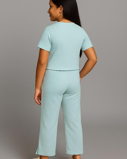 Green Premium Cotton Half Sleeves Solid Co-ord Set for Girls