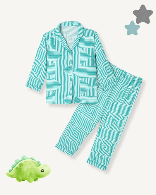 Green Premium Cotton Full Sleeves Printed Collar Style Pyjama & T-Shirt Set for Kids
