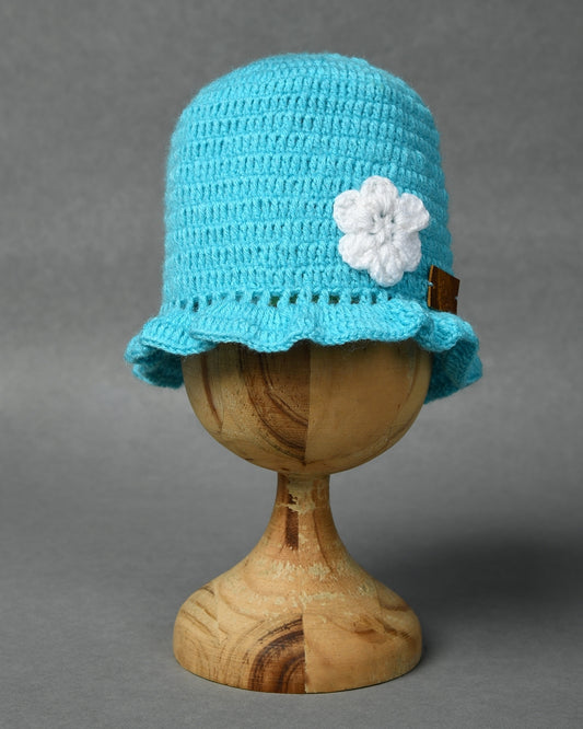 Blue Self Design Beanie Handmade Knitted Woollen Cap for Girls