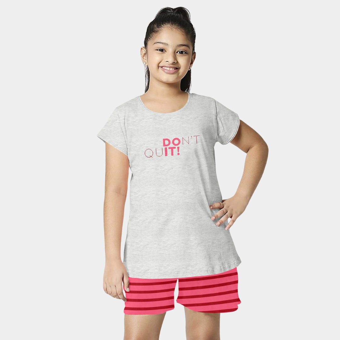 Pink & Grey Typographic Printed Cotton Shorts Night Dress for Girls