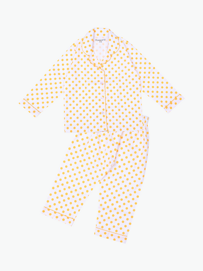 Yellow Dots Printed Cotton Night Dress for Girls